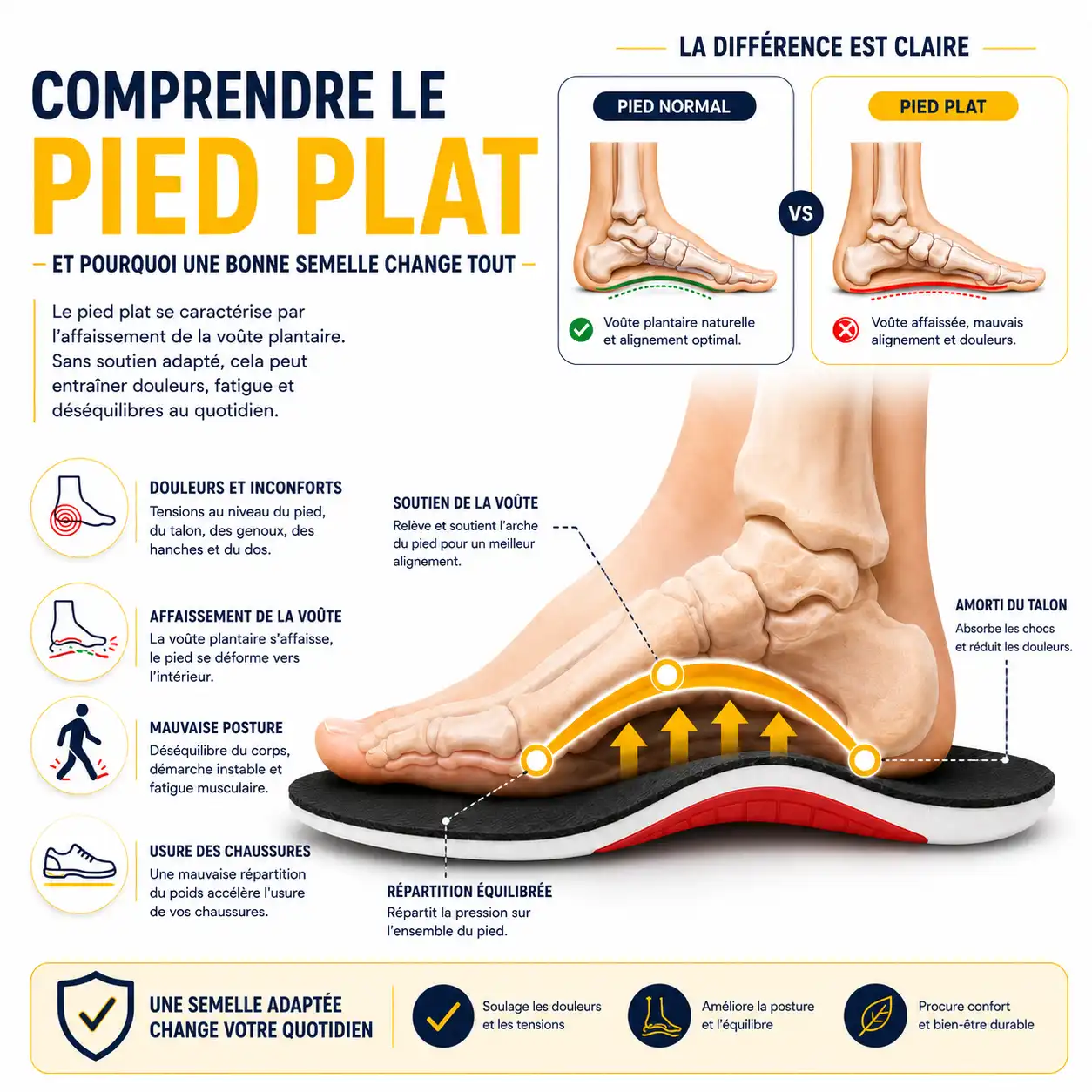 Pied plat avec voûte plantaire peu marquée et zones d’appui