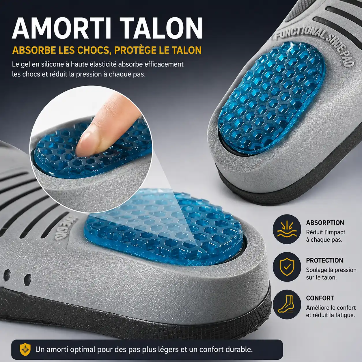 Semelle épine calcanéenne HeelCare avec zone amortissante en silicone sous le talon pour absorber les chocs et réduire la pression