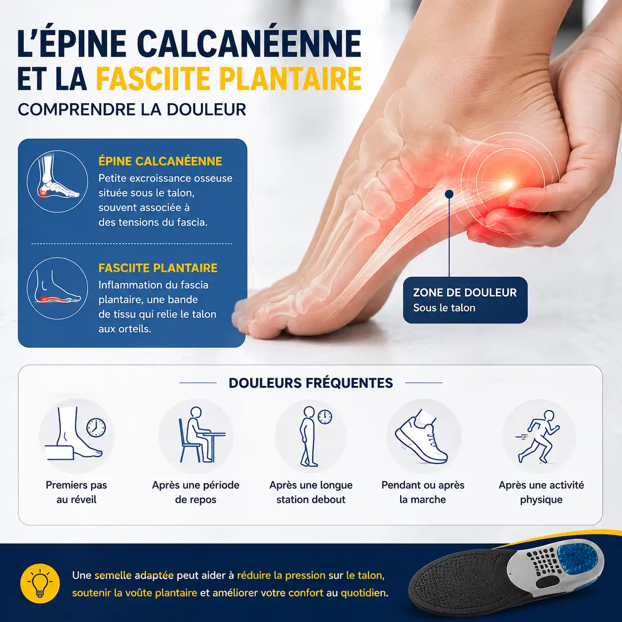 Illustration de l’épine calcanéenne et de la fasciite plantaire montrant la zone de douleur sous le talon et les principales situations déclenchant la douleur