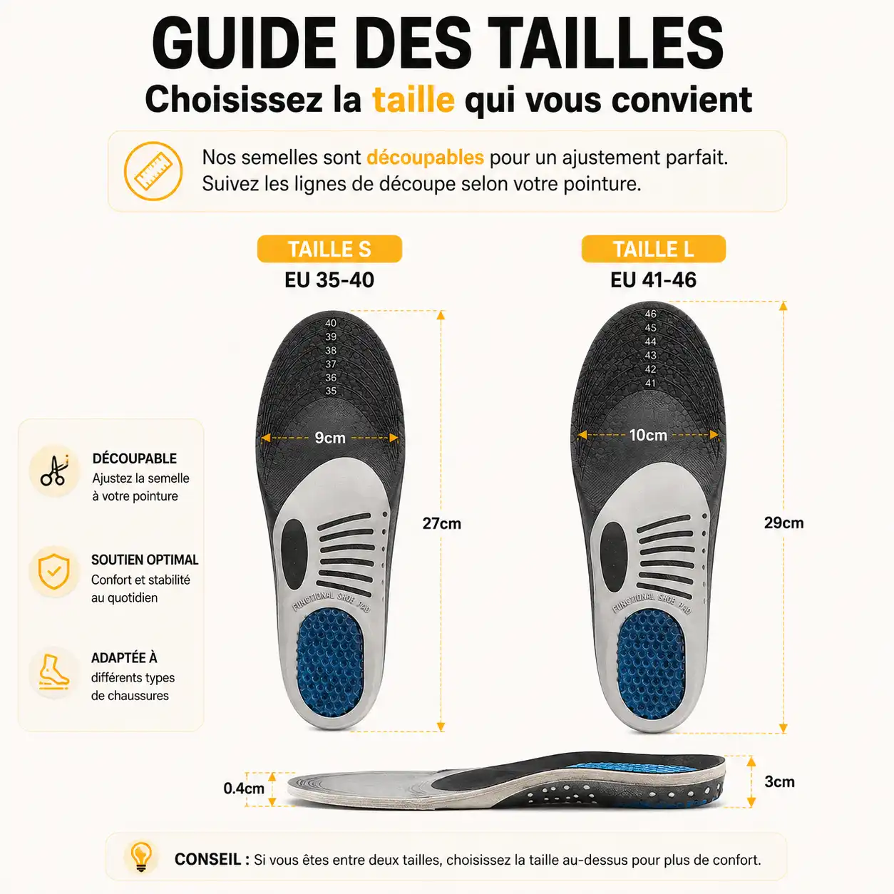 Guide des tailles de semelle découpable avec dimensions 27 × 9 cm en taille S et 29 × 10 cm en taille L, pour les pointures EU 35 à 46.