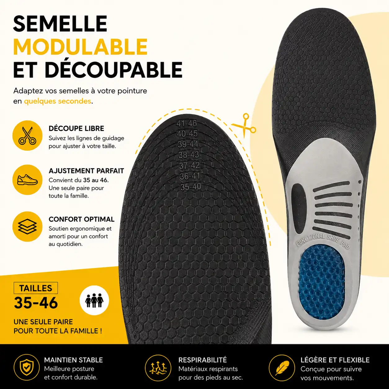Semelle noire modulable et découpable avec lignes de guidage pour ajuster facilement la pointure de 35 à 46.